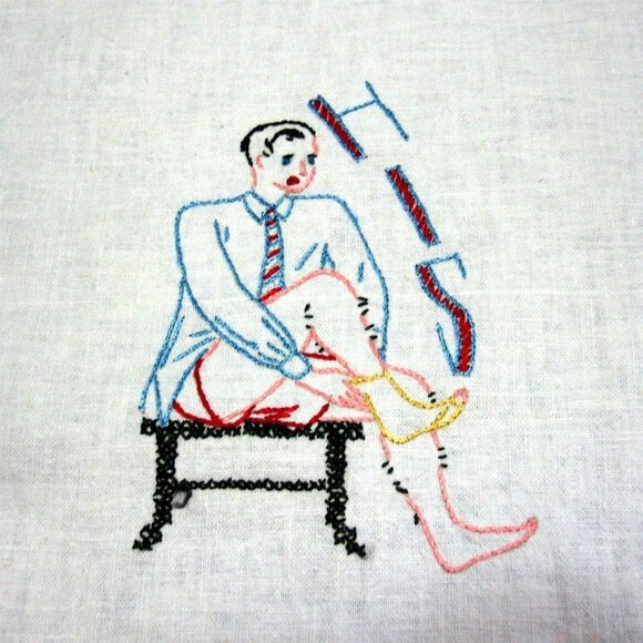 Flour Sack Linen His and Hers Towels Embroidered Crochet Edge Vintage 1950s - Picture 7 of 11